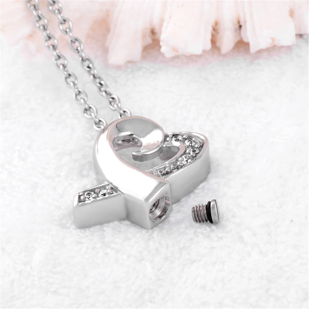 Ribbon Heart Urns Necklace Memorial Jewelry Stainless steel Memorial Jewelry Cremation Locket Pendant