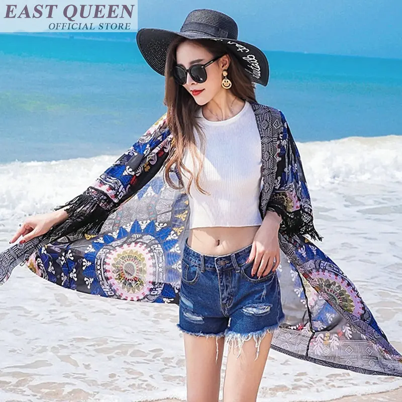 Bohemian wanita panjang blus hot sale pantai sifon rumbai floral print v-neck tiga perempat kemeja lengan batwing perempuan DD709 L