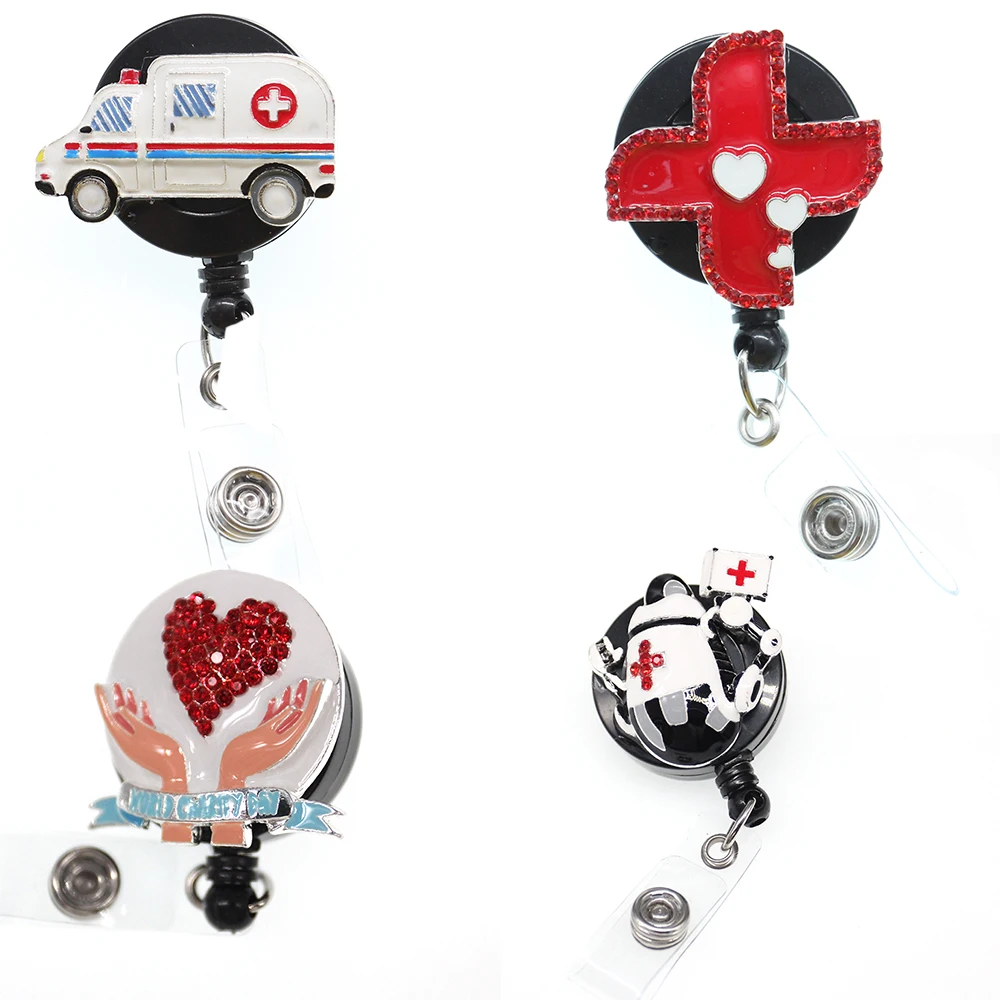 Hot selling 4styles high quality Enamel emt ambulance/cross doctor Retractable medical ID Badge Holder reel