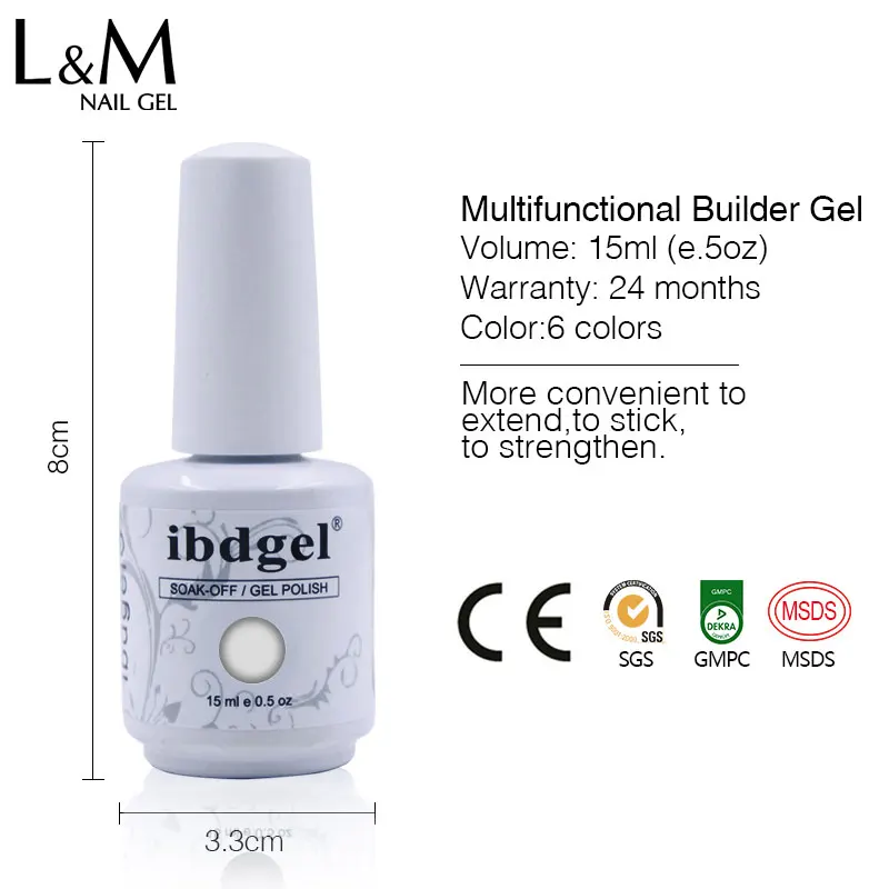 6 pcs/lot ibdgel Multifunctional builder nail gel base and top coat 15 ml soak off UV/LED Nail gel for manicure