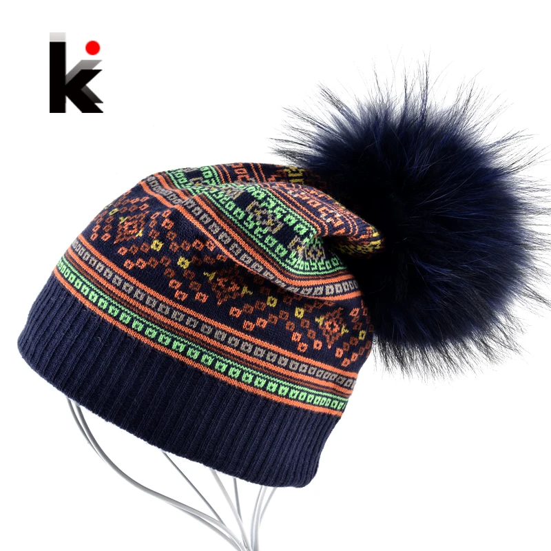 Autumn Winter Beanie Fur Hat Knitted Wool Cap With Raccoon Fur Pompom Skullies Caps Ladies Knit Winter Hats For Women Beanies