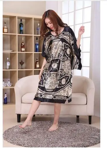 Novelty Print Black Female Satin Robe Dress Nightgown Novelty Women\'s Kaftan Bath Gown Summer Lounge Homewear Plus Size 6XL