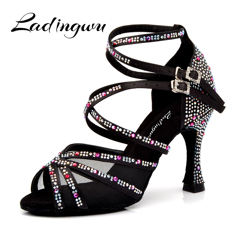 Ladingwu Latin Dance shoes For Women Ballroom Ladies Shoes Red Pomegranate Rhinestones Tango Dance Shoes Black High Heel Shoes