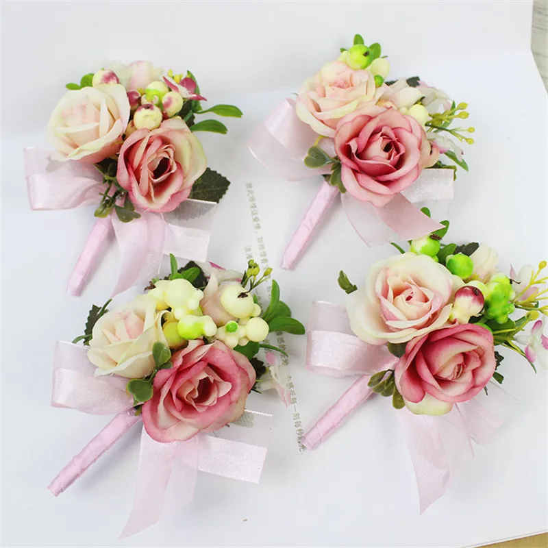 Men Boutonniere Bridesmaid Sisters Wrist Corsage Artificial Bride Hand Flowers For Wedding Prom Party Decor Beautiful Rose Bunch