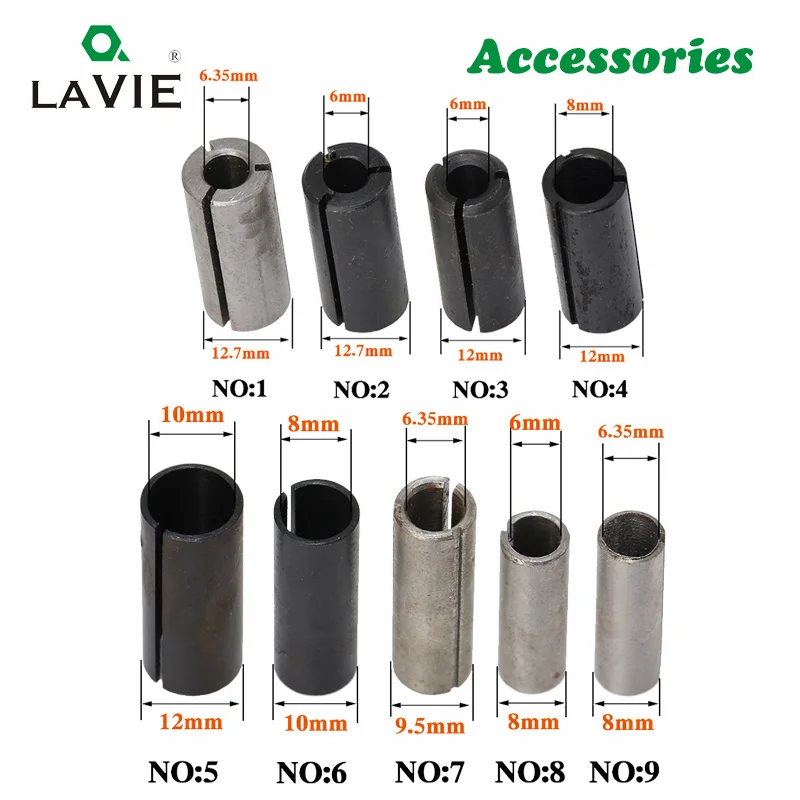 LAVIE 9pcs High Precision Adapter Collet CNC Router Bit Tool Adapters Milling Cutter Holder 6mm 6.35mm 8mm 10mm 12mm 12.7mm 402