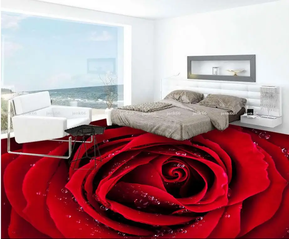 

3D wall murals wallpaper floor self-adhesive 3D floor PVC waterproof floor Dew red rose fashion floor Home Decoration