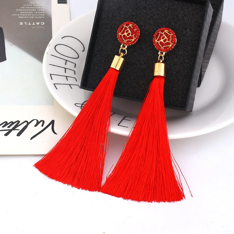 Fashion Bohemian Tassel Crystal Long Earrings Silk Fabric Drop Dangle Tassel Earrings For Women White Red New 2020 Jewelry