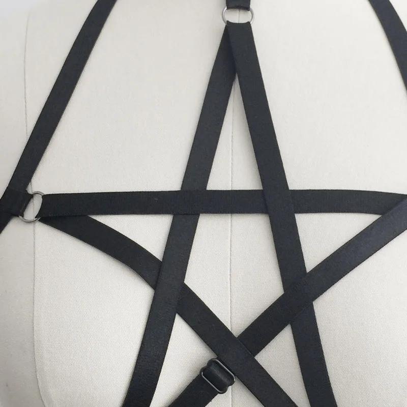 Sexy Hot Women Pentagram harness Bra crop top Spandex Adjust Open Cage bra harness body stocking Goth harajuku Pentagram harness