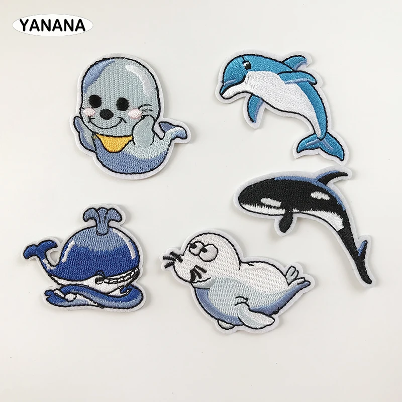 Little sea lion Dolphins and whales Lovely marine animals  Iron On Patch Embroidered Applique Sewing Clothes Stickers