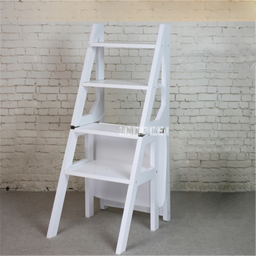 Multi-functional Four-Step Library Ladder Stool Solid Wood Ladder Chair Household Folding Wooden Chair Step Ladder Dining Chair