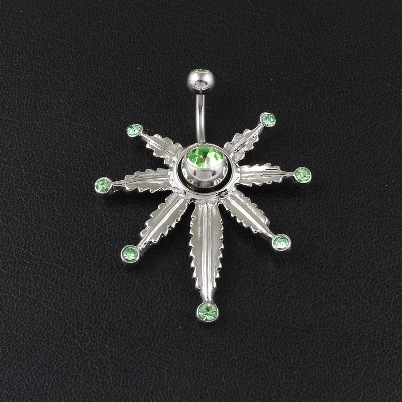 Maple leaf big style body jewelry women green stones belly button ring 14G Stainless Steel navel bar piercing fashion jewelry