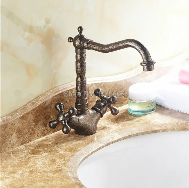 Dual Handle 360 Swivel Basin Faucet Bronze Finished Copper Deck Mount Mixer Taps Vanity Faucet RB1029