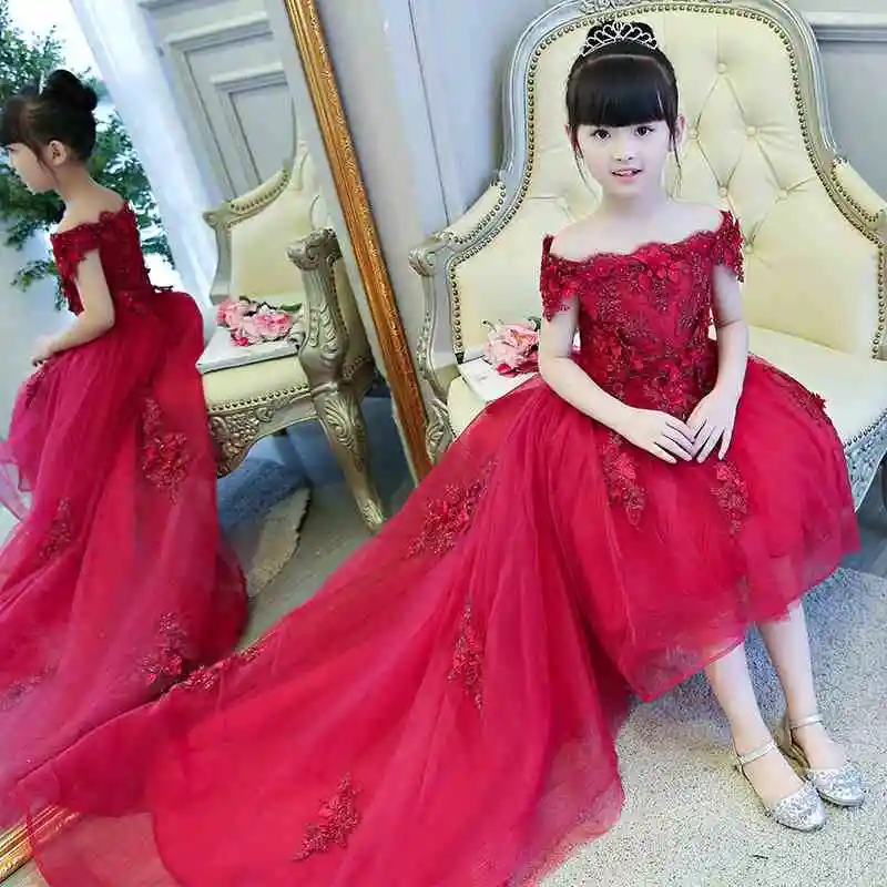 

Off Shoulder Appliques Flower Girl Party Dress Pageant Gown Red Tulle Princess Wedding Ball Gown Kids First Communion Dresses