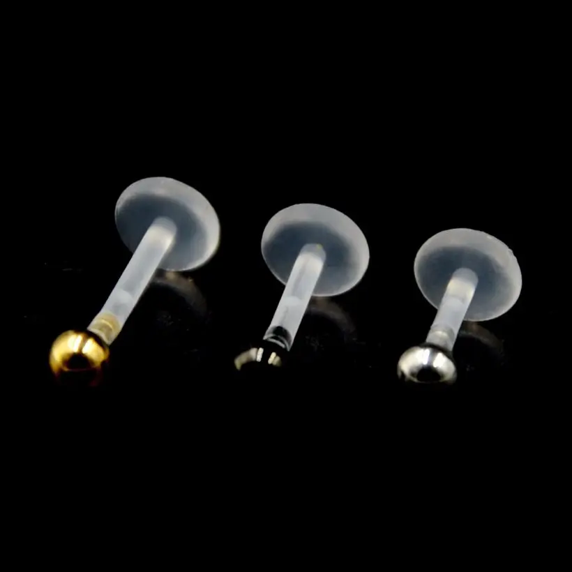 1Piece Bioplast Flexible Push-in Labret Lip Stud Black&Gold Plated Ball 16G Ear Cartilage Tragus Piercing Fashion Jewelry