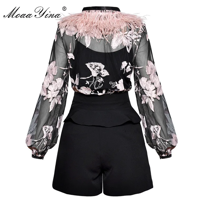 MoaaYina Spring Women Suit Bow collar Feather lantern Sleeve Mesh See through Embroidery Vintage Blouse+Shorts Two-piece suit