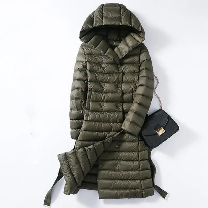 2022 Women Ultra Light White Duck Down Jacket Autumn Winter Long Down Parkas Female Warm Hooded Puffer Coat Outerwear With Belt