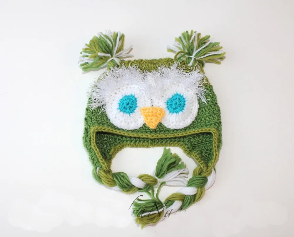 free shipping, latest design! Super cute baby 100% handmade crochet green owl modelling hat Beanie.NewbornPhoto prop