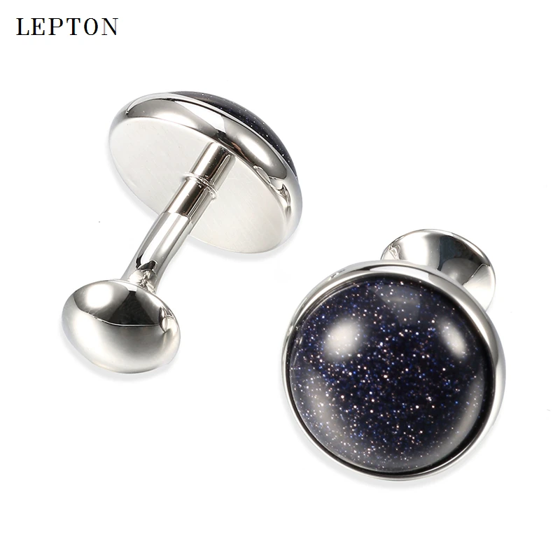 Hot Sale Blue sand stone Cufflinks for Mens Shirt Cuff Cuff links Silver Color Lepton Low-key Luxury Round Sand Stone Cufflinks
