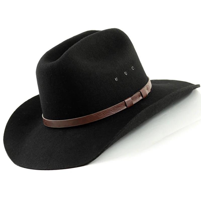 LIHUA Brand Mens Wool Felt Western Outback Cowboy Hat, Fedora Outdoor Wide Brim Hat with Strap, Black / Brown Color