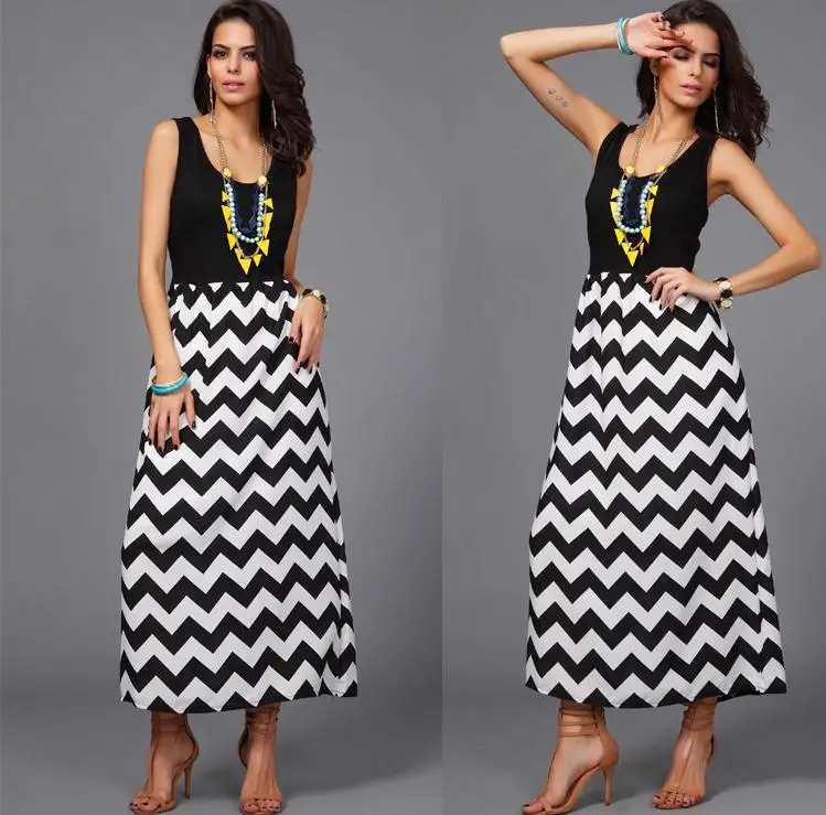 Europe foreign trade wind summer slim dresses sleeveless t wave pattern long dress classic black and white