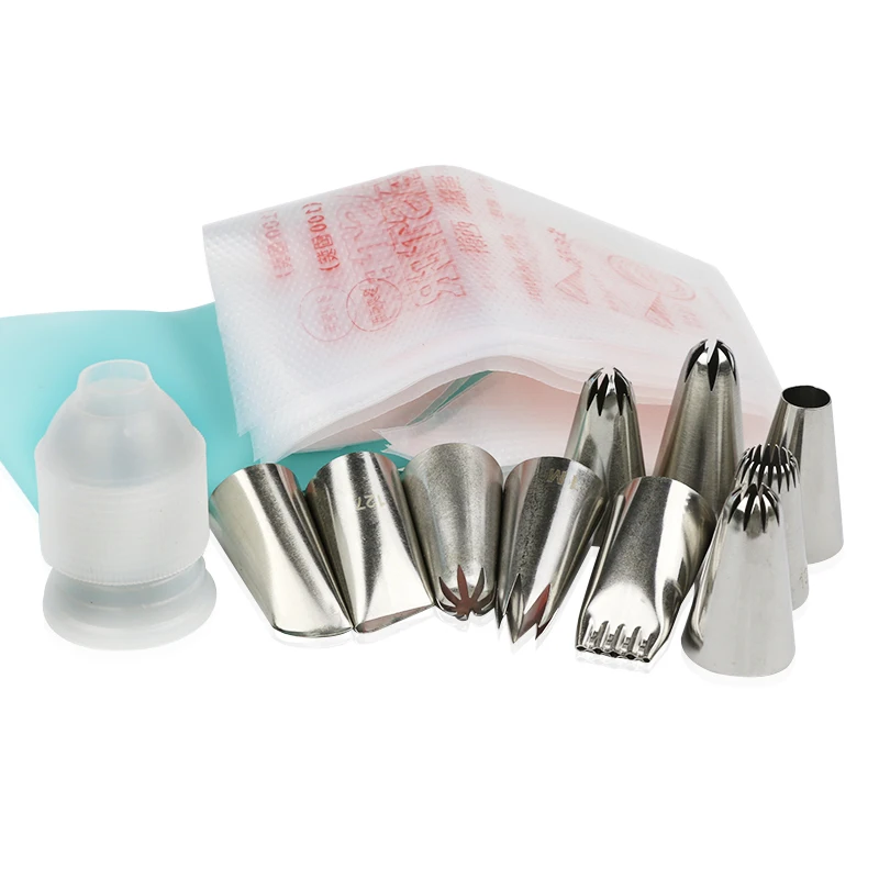 Cake Decorating Tips 10pcs big size Stainless Steel Piping Icing Tips 1 L COUPLER 10 1 silicone pastry bag 10pcs Disposable bags