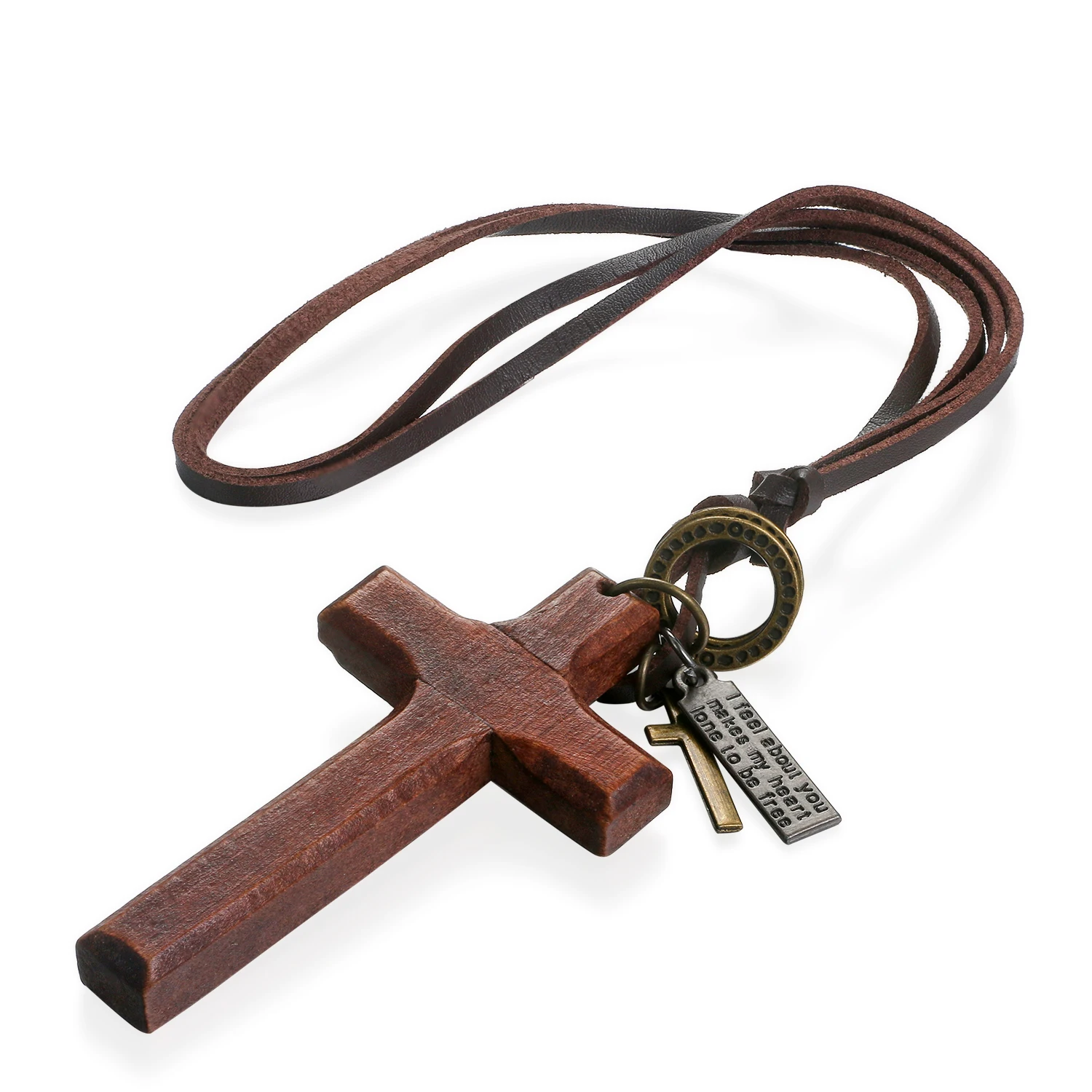 BONISKISS Vintage Wood Cross Crucifix Necklaces for Men Women Adjustable Rope Cord Sweater Chain Religious Prayer Unisex Jewelry