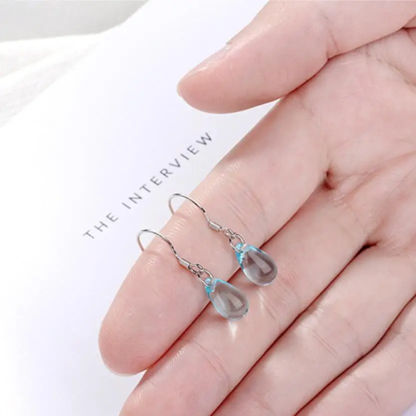 New Korean Literary Sweet Blue Crystal Water Drop Earrings For Women Pendientes Jewelry Gift Brincos SAE482