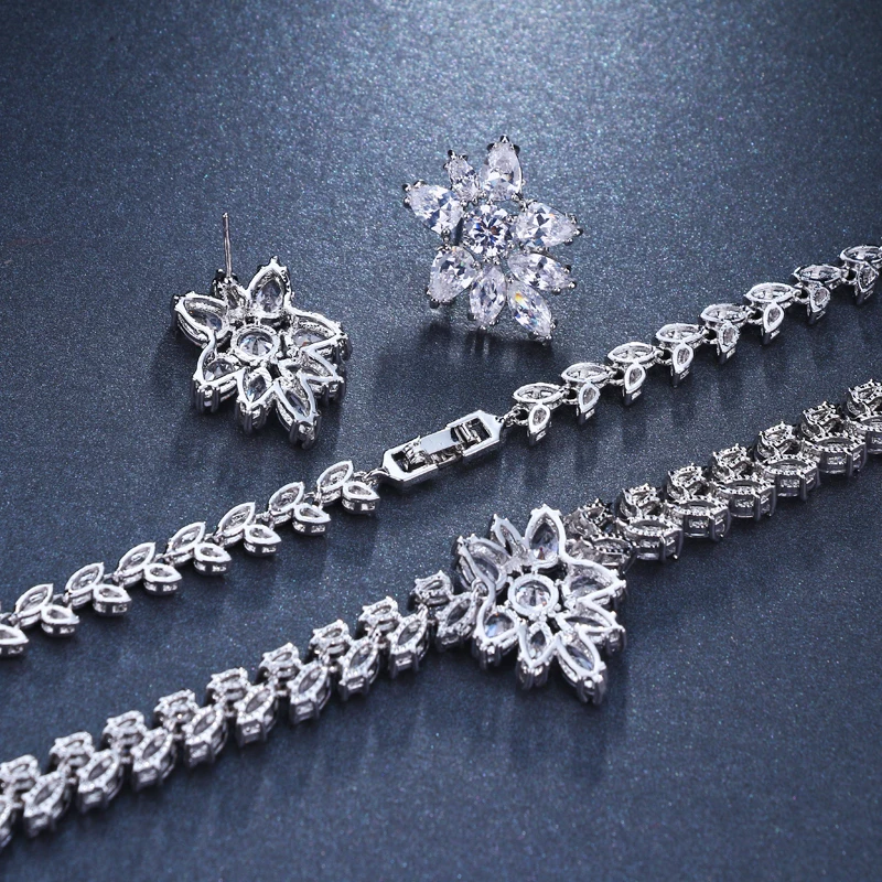 Emmaya White Gold Color Luxury Bridal CZ Crystal Necklace and Earring Sets Big Wedding Jewelry Sets For Brides