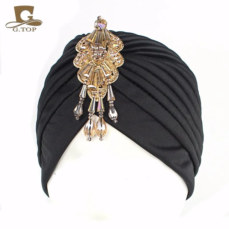 NEW Luxury Divas turban Head wrap hat with beaded pendant Women Islamic Inner Hijab Caps Arab wrap Head femme musulman turbante