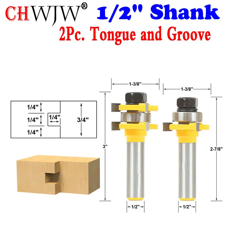 

2pc Tongue and Groove Router Bit Set 1/4" x 1/4" - 1/2" Shank Woodworking cutter Tenon Cutter for Woodworking Tools