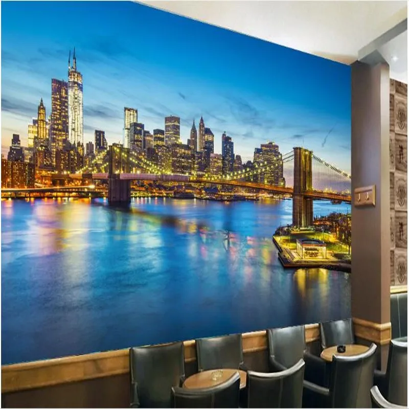 

wellyu Custom large - scale murals high - grade blue city architecture night bridge TV backdrop non - woven wallpaper