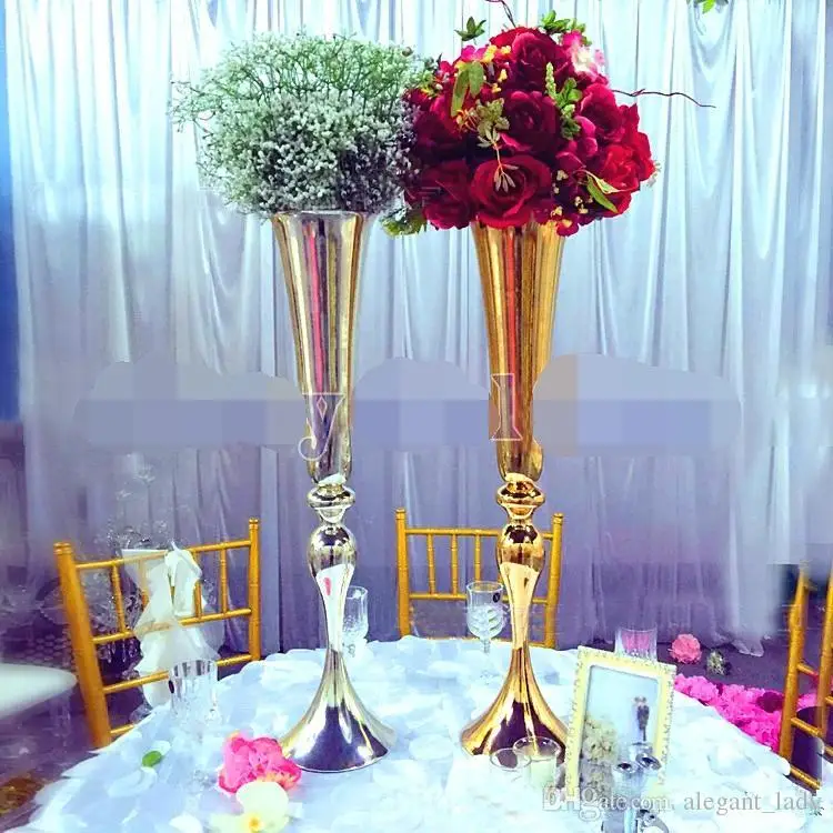 

2019 Royal Gold Silver Tall Flower Vase Wedding Table Centerpieces Decor Party Road Lead Flower Holder Metal Flower Rack For DIY