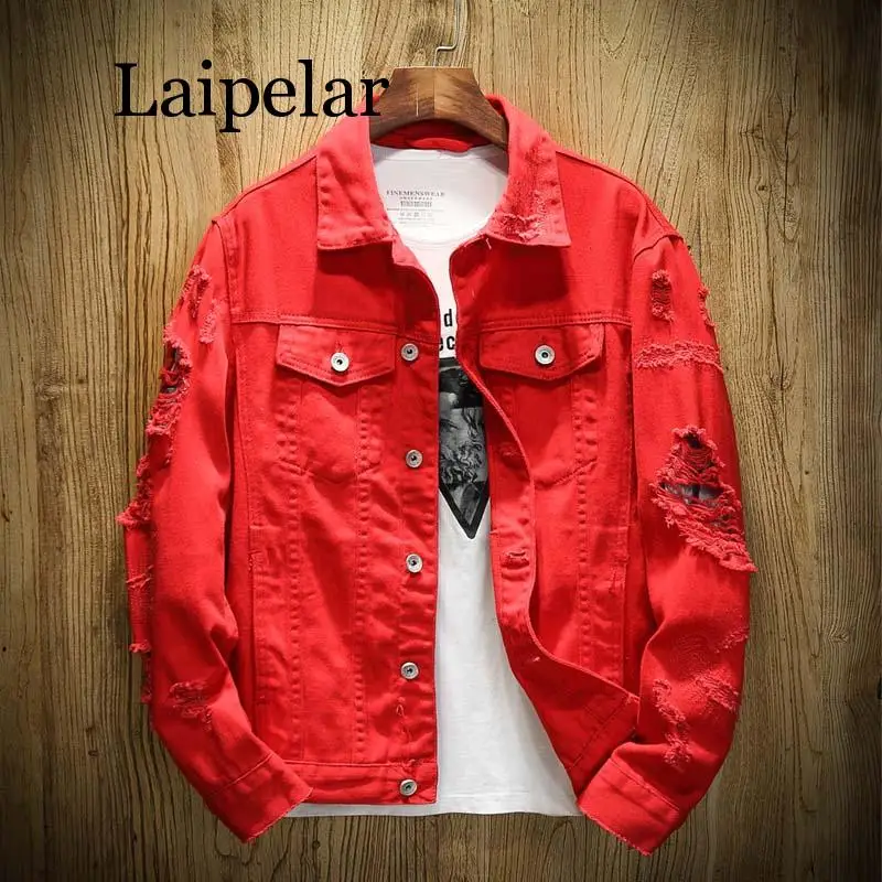 

Laipelar Autumn New Men's Jean Jacket Slim Fit Cotton Denim Jacket Red White Black Ripped Hole Jean Coats Men Cowboy Youth Men