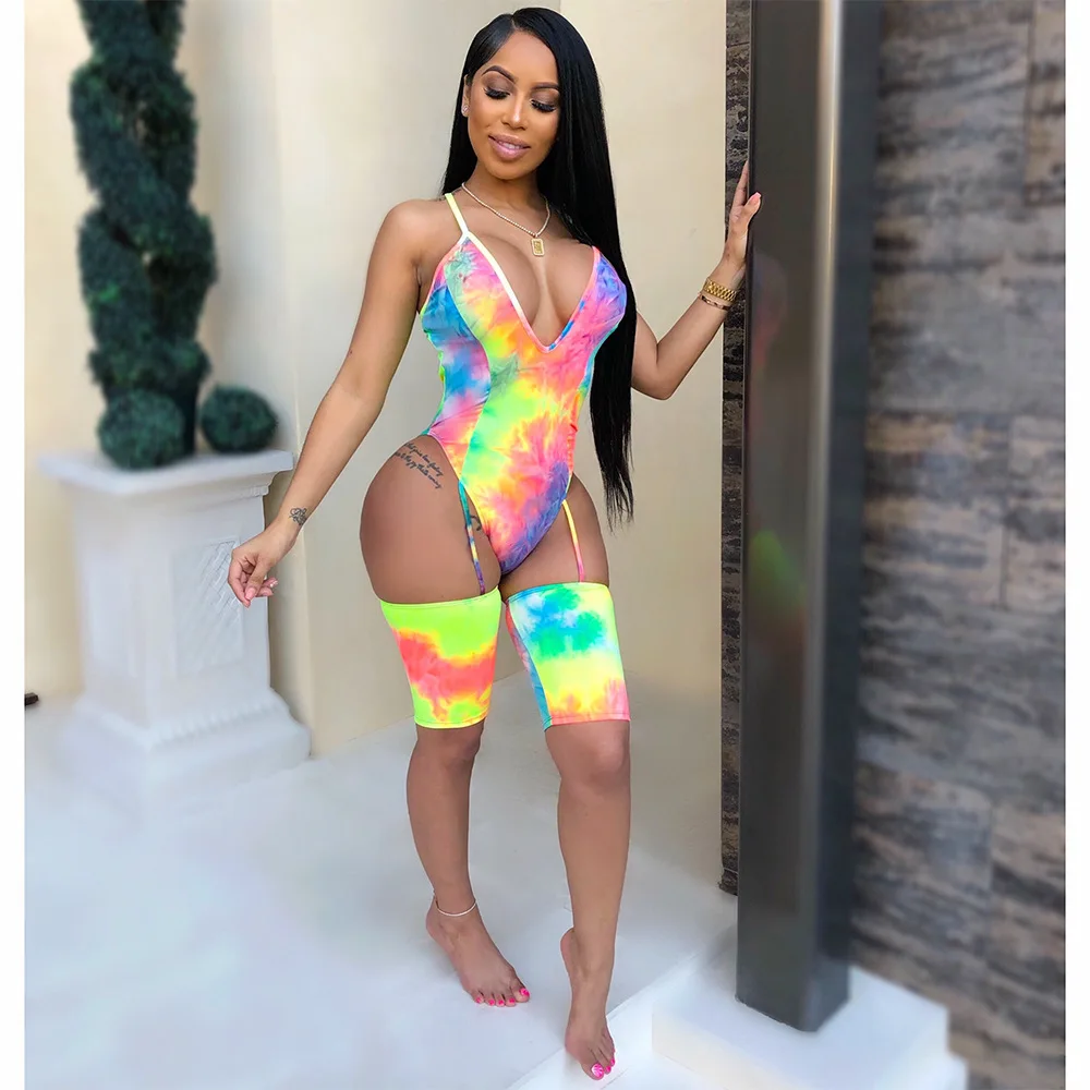 BKLD Bodysuits Mulheres Sexy Sem Mangas Verão Beach Party Clubwear Rompers Womens Jumpsuit Bodysuit Sem Encosto Bandagem Tie Dye 2019