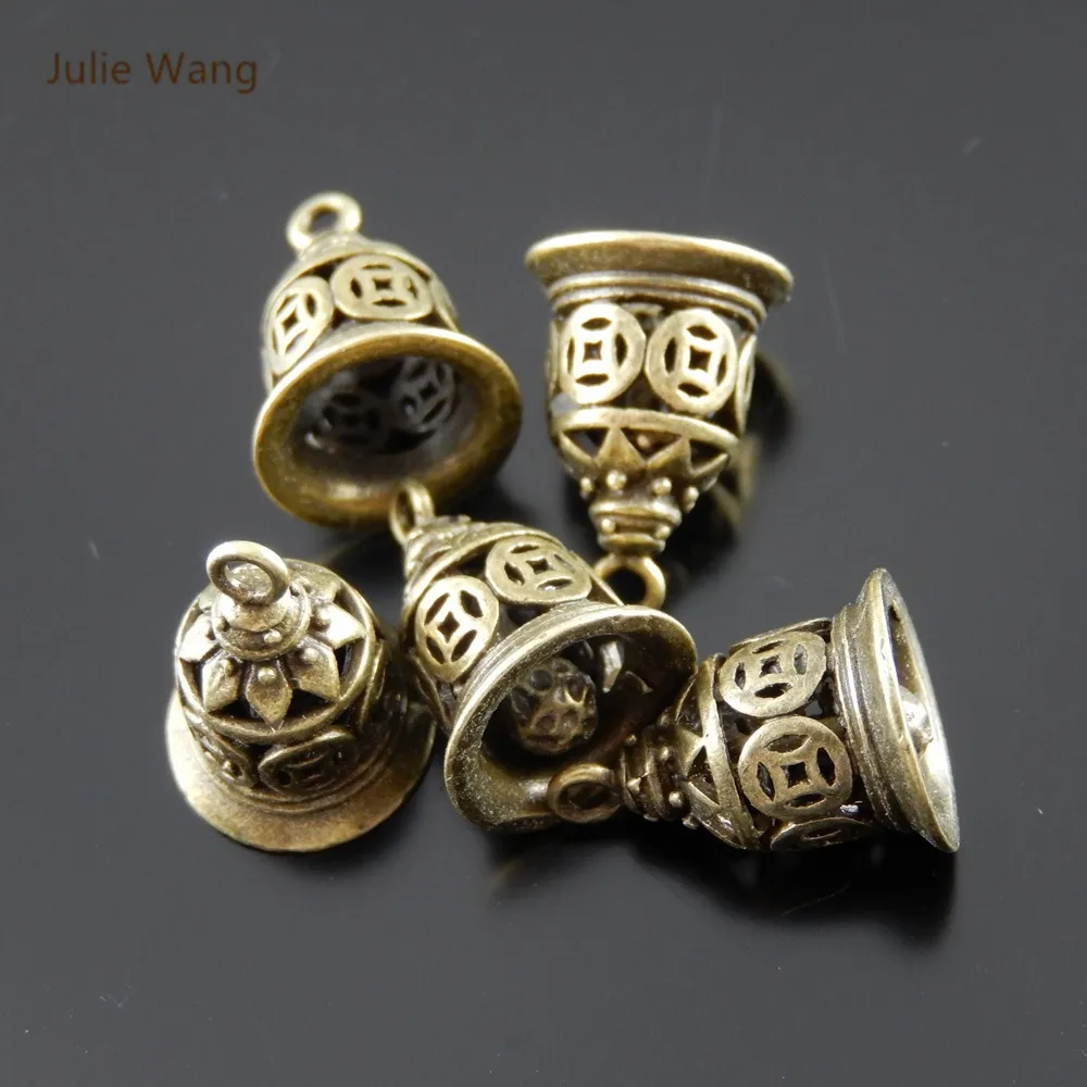 Julie Wang 5PCS Copper Bell Charms (No Sound) Antique Bronze Hollow Pendant Bracelet Handmade Fashion Jewelry Making Accessory