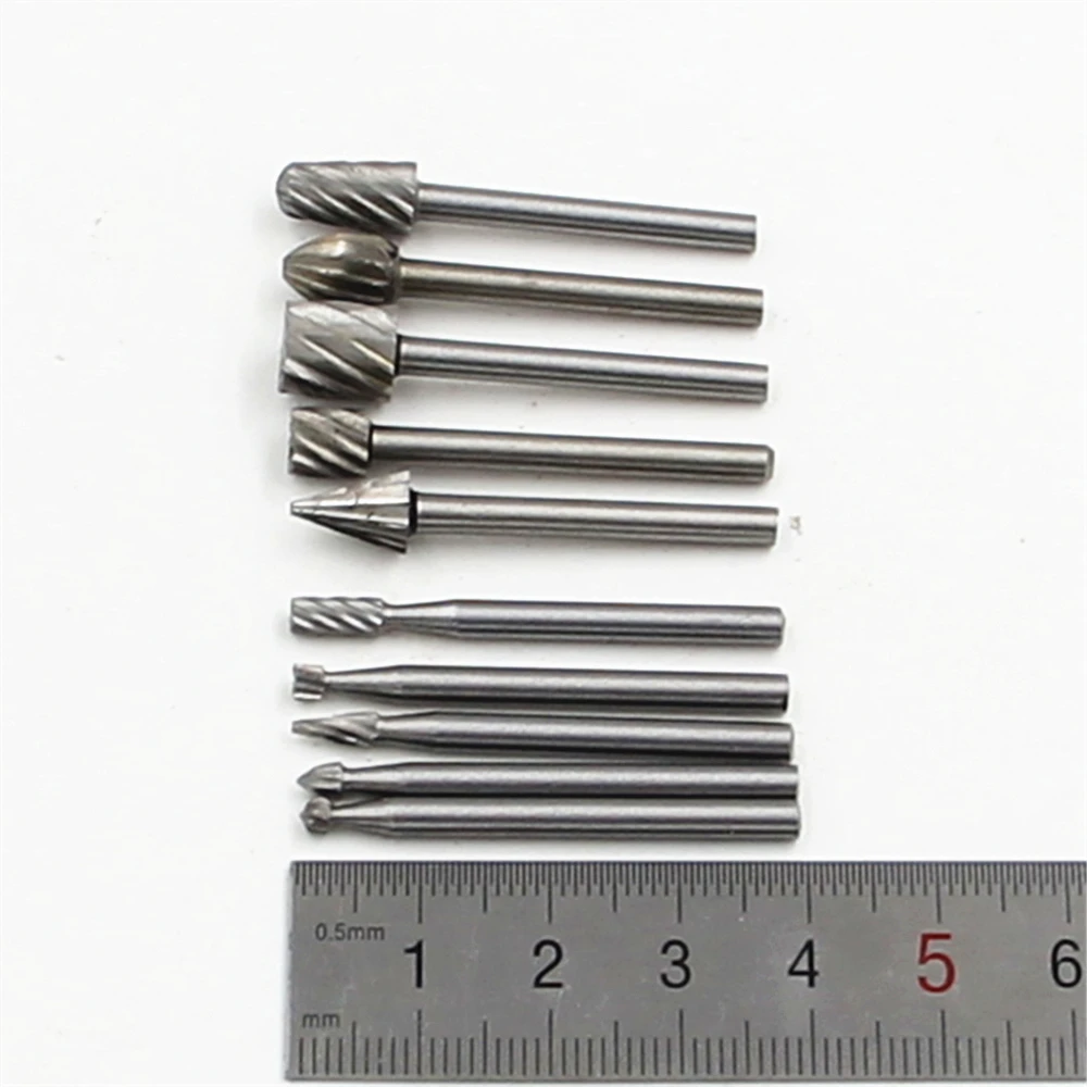 10pcs 1/8'' Shank HSS Steel Rotary Burrs Cutter Engraving Grinding Bit For Rotary File Cutter Tools Woodworking DIY