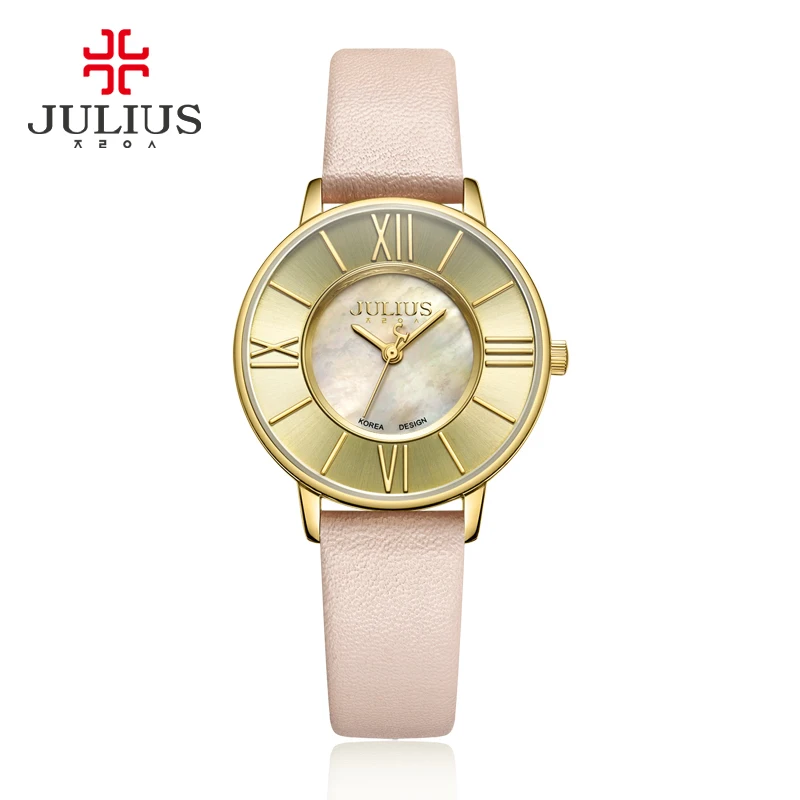 Julius Watch Women Thin Leather Wristwatch Shell dial Clock Gray RoseGold 30M Waterproof Japan Quartz Movt Stainless back JA-961