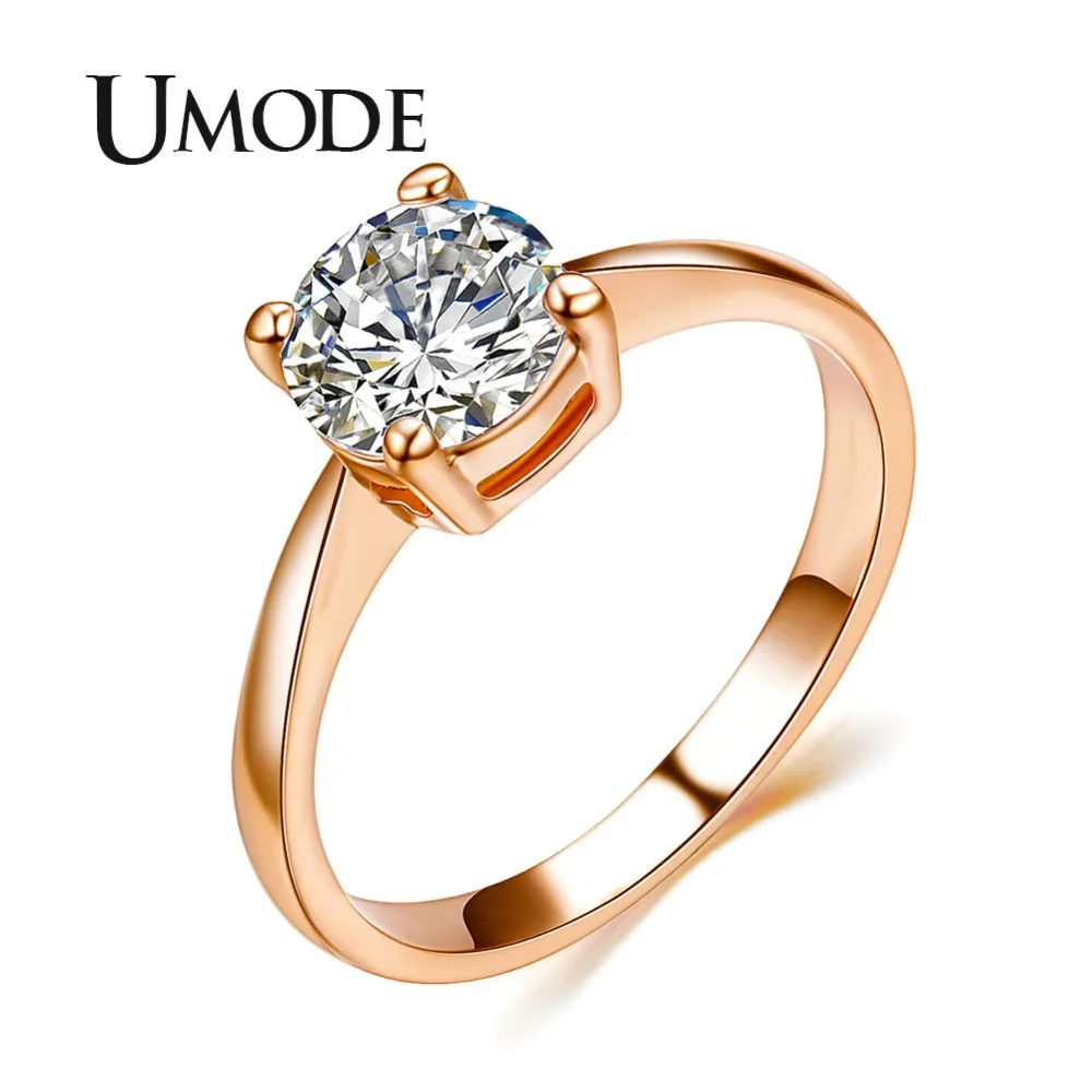 UMODE Rose Gold Color 4 Prongs 1.25 Carat Single CZ Shiny Stone Simple Engagement Rings JR0136A