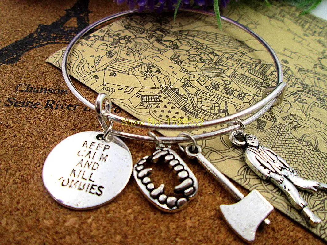 3pcs/lot Hot sale 65mm bangles with keep calm and kill zombies,axe,zombies,teeth,the walking dead charms