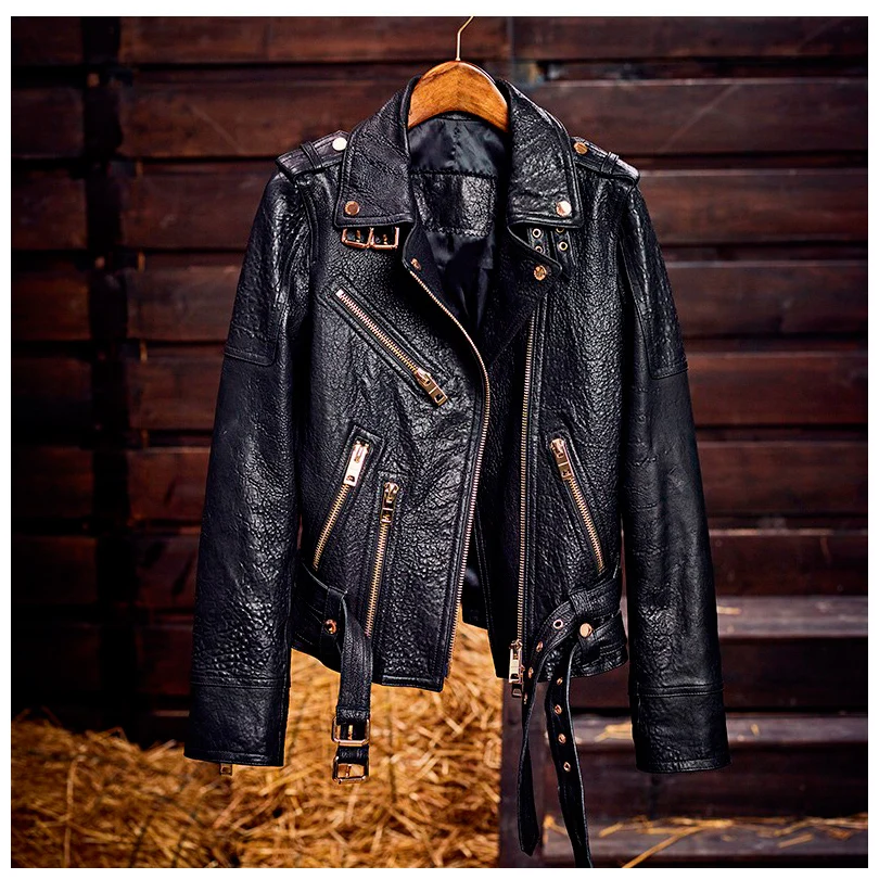 Women's Leather Jacket Short Paragraph Slim  SheepSkin Motorcycle Jacket