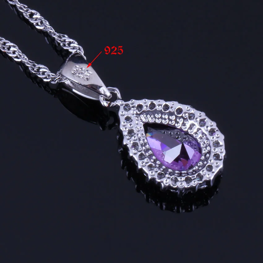 Divine Purple Cubic Zirconia White CZ Silver Plated Jewelry Sets Earrings Pendant Chain Ring V0327