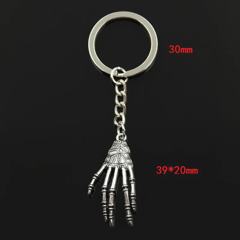 Fashion 30mm Key Ring Metal Key Chain Keychain Jewelry Antique Silver Color Plated Skeleton Skull Claws 39x20mm Pendant