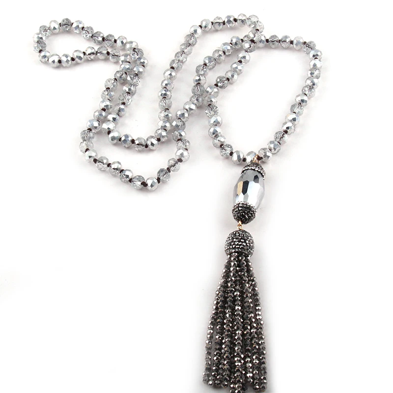 Fashion Bohemian Jewelry Crystal Glass Knotted Handmake Paved Crystal Tubes Tassel Long Necklace