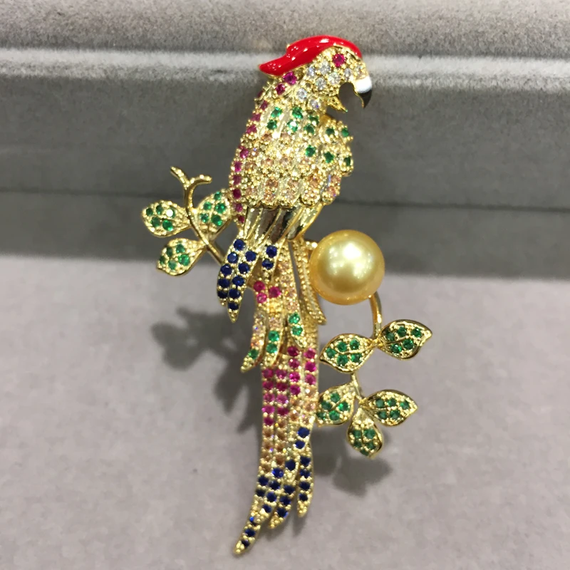 

9MM natural sea water pearl brooch pins gold color parrot brooch pins multicolor Romantic fashion women jewelry free shipping