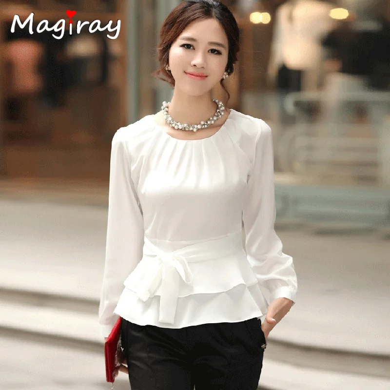 Women\'s Butterfly Chiffon Blouses, Pleated O Neck, White, Long Sleeve, Peplum Belt, Korean, Elegant Female Office Shirt, C15,