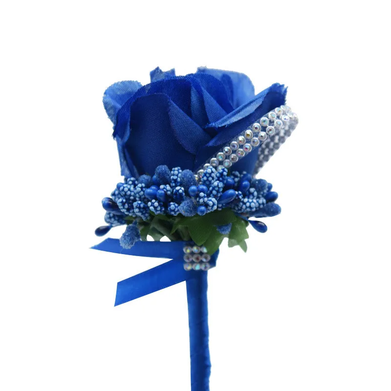 YO CHO Wedding Bouquet Artificial Rose Flowers Blue Brooch Corsages Glitter Rhinestone Ribbon Lace Classic Prom Boutonniere Pins