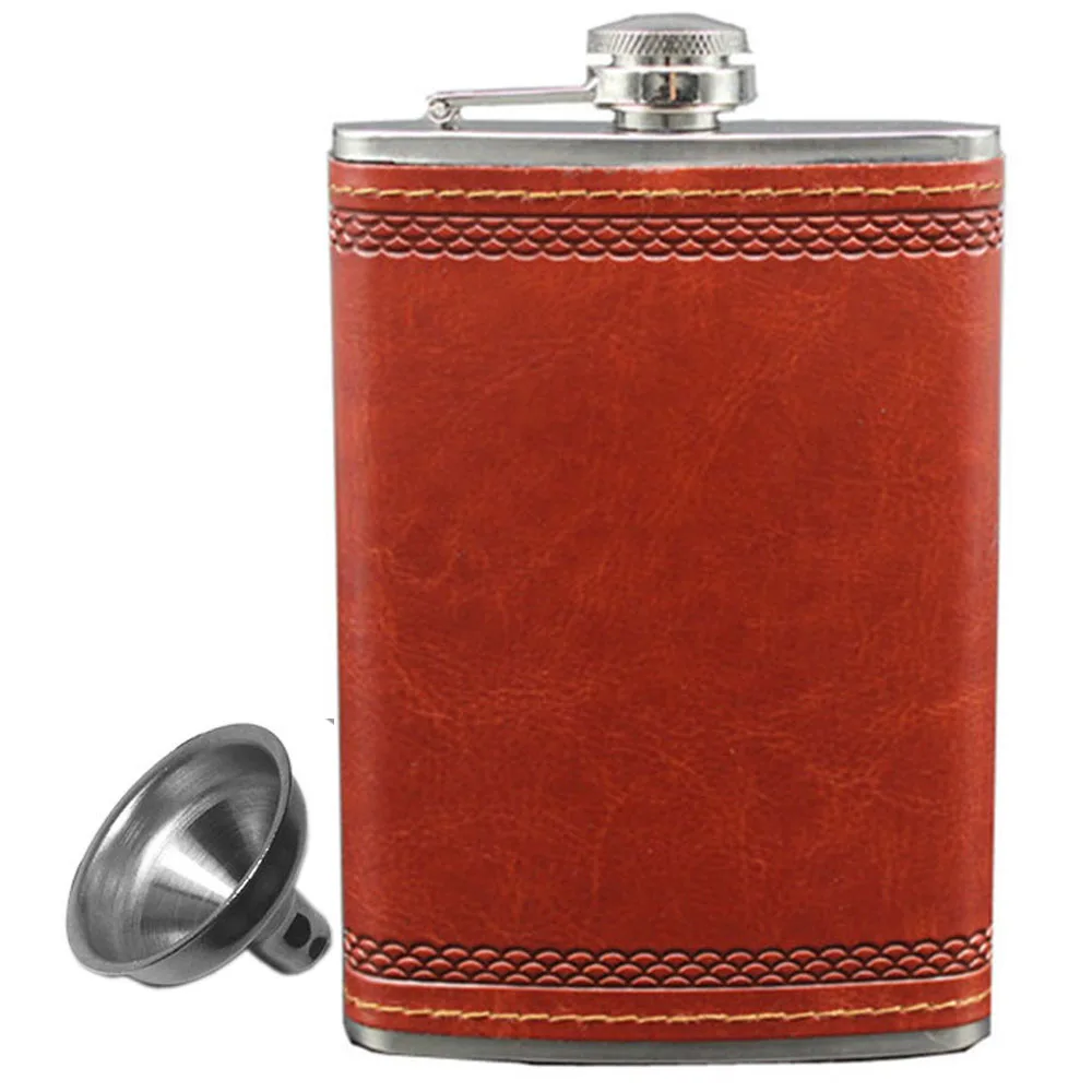 9 oz Stainless Steel Leather Hip Flask with funnel Russia Personalized Wine Whisky liquor men gift set pocket flasks for alcohol
