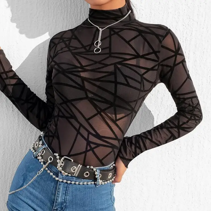 Women\'s Sexy Black Color Geometric Print Mesh Bodysuit Female Club Party Performance Casual Tops Tees R733