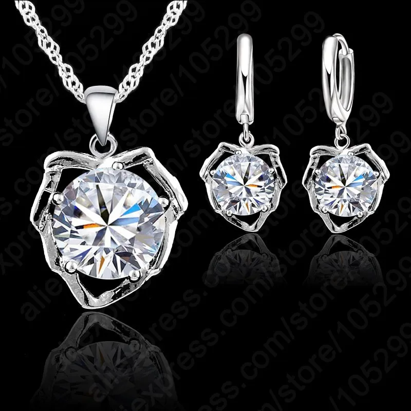 

Factory Price 925 Sterling Silver Needle Necklace Earrings Set With Round Cubic Zirconia For Women Female Party Jewelry Set