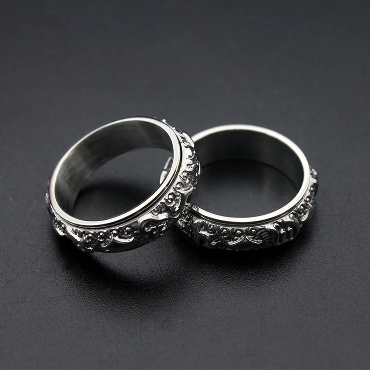 Fashion Rotatable ethnic totem Round Pattern Rings silver Color Stainless Steel Jewelry For Women man Gift Top Quality